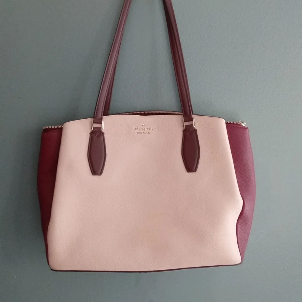 Kate Spade New‎ York Colorblock Leather Tote Bag Burgundy Cream